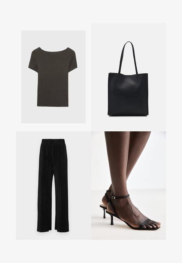 Tmavě šedý top s krátkým rukávem a lodičkovým výstřihem. Vyrobený z ribovaného materiálu, s volnějším střihem a čistým lemem. Jednoduchý design, bez vzorů.; Černé plisované kalhoty s elastickým pasem. Mají široké nohavice a hladkou, strukturovanou tkaninu s vertikálními pruhy.; Černé sandály na podpatku s tenkým páskem kolem kotníku, špičatou špičkou, texturovanou podrážkou a 5 cm stiletto podpatkem.; Černá kožená taška přes rameno s hladkým povrchem, obdélníkovým tvarem a dvěma dlouhými uchy. Žádné viditelné kování ani ozdoby.
