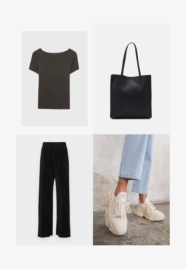 Haut à manches courtes gris foncé avec un col bateau. Fabriqué en tissu côtelé, il présente une coupe décontractée et un ourlet propre. Design simple, sans motifs.; Pantalons plissés noirs avec une taille élastique. Présente des jambes larges et un tissu lisse texturé avec des rayures verticales.; Baskets tricotées beiges avec une tige texturée, bout rond, semelle épaisse et lacets décoratifs, associées à un jean court bleu clair.; Sac fourre-tout en cuir noir avec une texture lisse, de forme rectangulaire et deux longues poignées. Pas de matériel ou d'ornementations visibles.