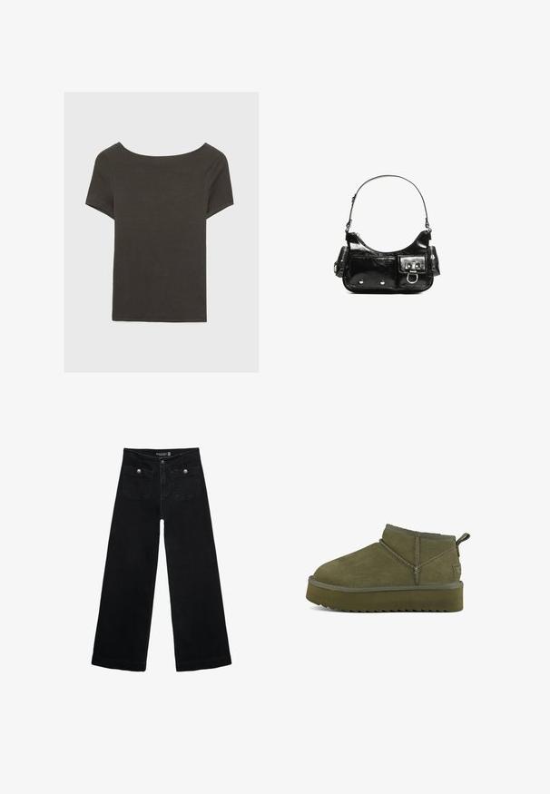 Tmavě šedý top s krátkým rukávem a lodičkovým výstřihem. Vyrobený z ribovaného materiálu, s volnějším střihem a čistým lemem. Jednoduchý design, bez vzorů.; Černé široké džíny s vysokým pasem, obsahující dvě přední kapsy a kovové knoflíkové detaily. Látka má hladkou texturu.; Zelené semišové kotníkové boty s kulatou špičkou, prošívanými detaily a texturovanou podrážkou. Obsahují poutko na zadní straně pro snadné obouvání.; Černá lakovaná kožená kabelka s křivkovým tvarem, jedním ramenním popruhem, předními kapsami a stříbrnými kovovými detaily.