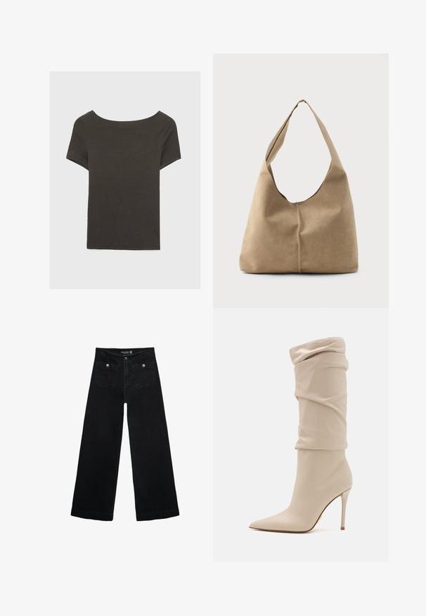 Donkergrijze top met korte mouwen en een bootnek. Gemaakt van ribbelstof, met een relaxte pasvorm en een nette zoom. Eenvoudig ontwerp, geen patronen.; Zwarte wijdpijpjans met een hoge taille, voorzien van twee voorzakken en metalen knoopaccenten. De stof heeft een gladde textuur.; Beige enkellaarsjes met hoge hak van glad leer, met een slouchy design, spitse neus en een dunne stilettohak. Gouden accentdetail aan de achterkant.; Hobo tas in zacht beige suede met een slungelige vorm, brede schouderband en een handgestikte naad langs de voorkant.
