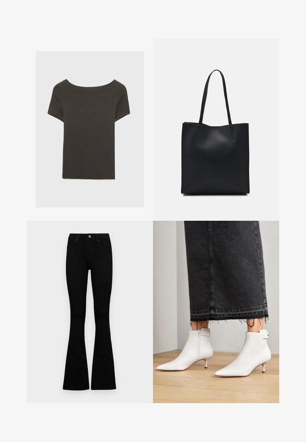 Czarna szara bluzka z krótkim rękawem i dekoltem w kształcie łódki. Wykonana z prążkowanej tkaniny, ma luźny krój i czyste wykończenie. Prosty design, bez wzorów.; Czarne, wysokie dżinsy z guzikem i zamkiem błyskawicznym, z przednimi kieszeniami i rozszerzanymi nogawkami, leżące płasko na białym tle.; Anna Field - Botki; Czarna skórzana torba tote o gładkiej fakturze, prostokątnym kształcie i dwóch długich uchwytach. Brak widocznych elementów metalowych i ozdób.