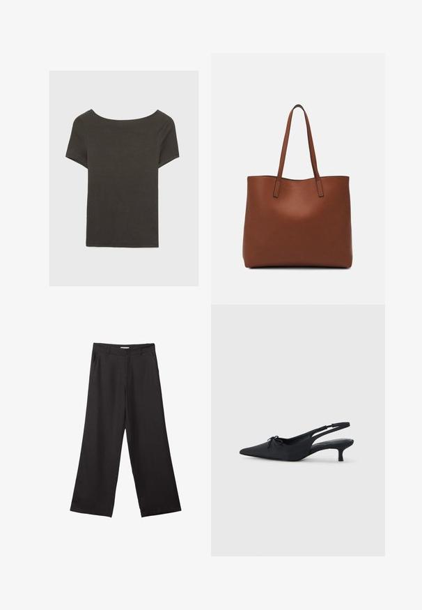 Top corto grigio scuro con scollatura a barca. Realizzato in tessuto a costine, presenta una vestibilità rilassata e un orlo pulito. Design semplice, senza motivi.; Pantaloni neri a gamba larga realizzati in tessuto liscio, con zip frontale e due tasche laterali, dal taglio sartoriale e design minimalista.; Tacchi slingback neri con punta affusolata, tessuto testurizzato, un piccolo dettaglio a forma di fiocco nella parte anteriore e un tacco kitten modesto.; Borsa tote in pelle marrone con texture liscia, design con apertura superiore e due spallacci. Presenta cuciture minime e nessun hardware visibile.