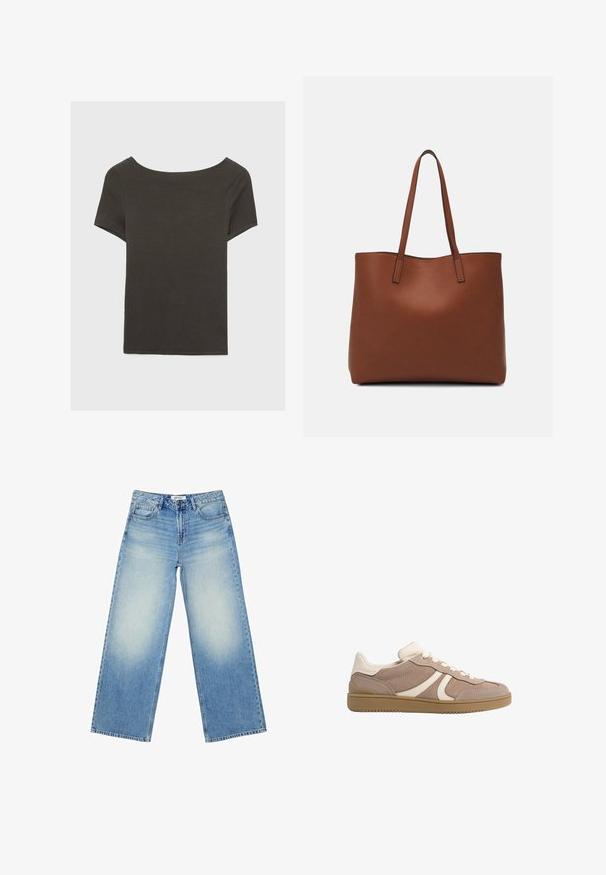 Czarna szara bluzka z krótkim rękawem i dekoltem w kształcie łódki. Wykonana z prążkowanej tkaniny, ma luźny krój i czyste wykończenie. Prosty design, bez wzorów.; Jasnoniebieskie jeansy z szerokimi nogawkami wykonane z denimu, z wysokim stanem, wyblakłym odcieniem oraz klasycznym pięciopocketowym wzorem z zapięciem na przedni guzik.; Trampki z beżową zamszową cholewką i kremowymi akcentami, zaokrąglonym czubkiem, sznurowanym zapięciem oraz teksturowaną gumową podeszwą dla lepszej trakcji.; Brązowa skórzana torba tote o gładkiej fakturze, z otwartym wierzchem i dwoma ramiączkami. Charakteryzuje się minimalnym przeszyciem i brakiem widocznych elementów metalowych.