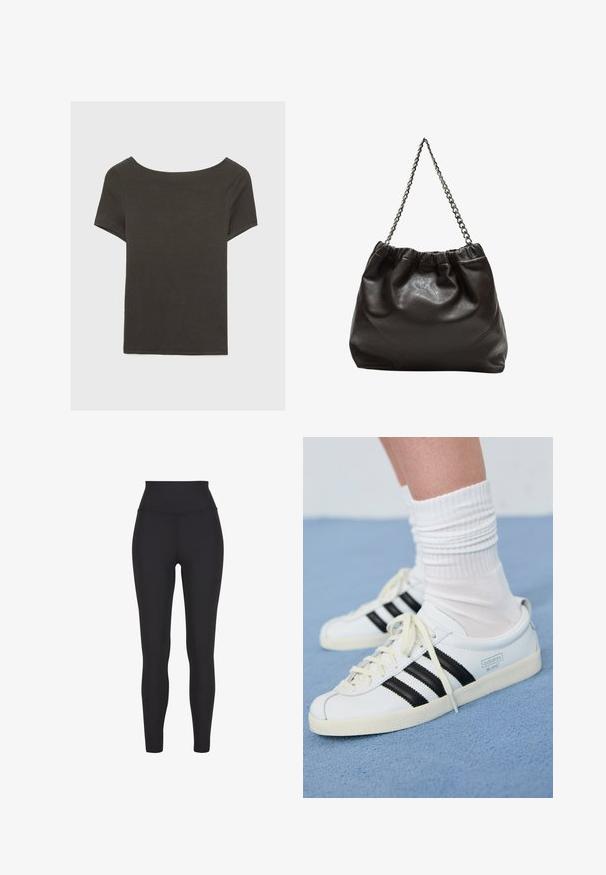 Temno siva kratka majica s čolnasto izrezom. Narejena iz rebraste tkanine, ki ima sproščen kroj in čist rob. Preprost dizajn, brez vzorcev.; Visoke črne legice iz elastičnega materiala, z gladko teksturo in oblikovalsko zasnovo brez vidnih šivov ali vzorcev.; Bele usnjene športne čevlje z črnimi črtami, kremnim podplatom in svetlimi vezalkami. Obuti z belimi rebrastimi nogavicami, postavljeni na modro ozadje.; Rjava usnjena torba z nabranim vrhom in verižnim trakom. Gladka tekstura z sijajno površino in subtilnimi šivi na straneh.