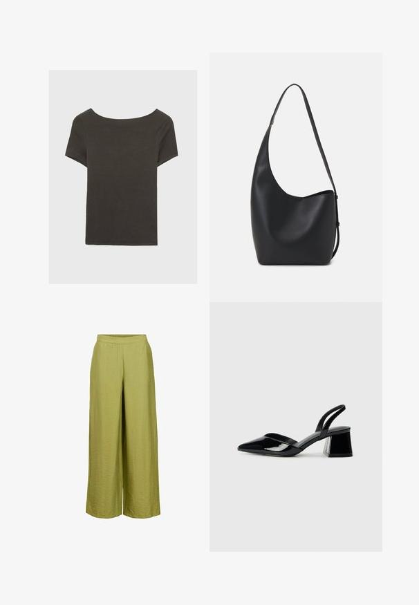 Haut à manches courtes gris foncé avec un col bateau. Fabriqué en tissu côtelé, il présente une coupe décontractée et un ourlet propre. Design simple, sans motifs.; Object MIT WEITEM BEIN - Pantalon classique - mosstone; Escarpins en cuir verni noir avec bout pointu et talon bloc géométrique. Présente un design élégant et minimaliste ainsi qu'une texture lisse.; Sac hobo en cuir noir avec une texture lisse, une forme incurvée et une seule sangle réglable ; dispose d'une large ouverture en haut.; Bague en argent à double bande avec une surface lisse et polie. Présente un design fluide et courbé avec des sections qui se chevauchent pour un look moderne.