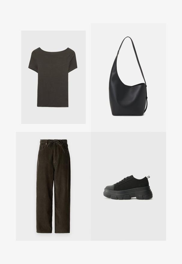 Tmavošedý top s krátkym rukávom a lodičkovým výstrihom. Vyrobený z rebrovanej látky, s voľným strihom a čistým lemovaním. Jednoduchý dizajn, bez vzorov.; Tmavozelené kordové nohavice so širokými nohavicami, s popruchom v páse, dvoma prednými vreckami a mäkkou, textúrovanou tkaninou.; Čierne tenisky s masívnou gumovou podrážkou, textúrovaným textilným zvrškom, okrúhlou špičkou a šnurovaním. Obsahujú spevnené očká a zadný úchop.; Čierna kožená hobo taška so hladkou textúrou, zakriveným tvarom a jedným nastaviteľným popruhom; má široké otvorenie na vrchu.