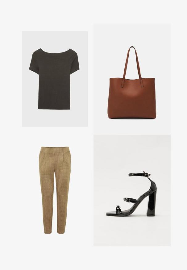 Tmavošedý top s krátkym rukávom a lodičkovým výstrihom. Vyrobený z rebrovanej látky, s voľným strihom a čistým lemovaním. Jednoduchý dizajn, bez vzorov.; Hnedé kárované nohavice s priliehavým strihom, elastickým pásom a dvoma bočnými vreckami. Tkanina má hladký povrch s kockovaným vzorom.; Čierne lakované sandále na podpätku so štvorcovou špičkou, navlečenými remienkami okolo členku a striebornými prackami. Disponujú masívnym blokovým podpätkom pre stabilitu.; Hnedá kožená taška na rameno s hladkou textúrou, otvoreným vrchom a dvoma ramenými popruhmi. Má minimálne šitia a žiadne viditeľné kovania.