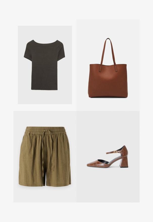 Tmavošedý top s krátkym rukávom a lodičkovým výstrihom. Vyrobený z rebrovanej látky, s voľným strihom a čistým lemovaním. Jednoduchý dizajn, bez vzorov.; Olivové krátke nohavice na pohodlné nosenie z ľahkého materiálu, s elastickým pásom a šnúrkou na stiahnutie, v uvoľnenom a voľnom strihu.; Hnedé lakované lodičky so štvrtým prstom, textúrovaný krokodílový vzor, členkový remienok so zlatou prackou a hrubým podpätkom.; Hnedá kožená taška na rameno s hladkou textúrou, otvoreným vrchom a dvoma ramenými popruhmi. Má minimálne šitia a žiadne viditeľné kovania.
