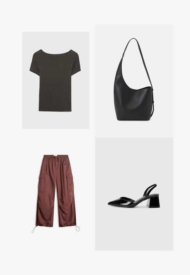 Czarna szara bluzka z krótkim rękawem i dekoltem w kształcie łódki. Wykonana z prążkowanej tkaniny, ma luźny krój i czyste wykończenie. Prosty design, bez wzorów.; Szerokie brązowe spodnie cargo z elastycznym paskiem w talii, sznureczkiem do regulacji, dużymi kieszeniami bocznymi oraz regulowanymi sznureczkami przy kostkach.; Czarne lakierowane półbuty na obcasie z wydłużonym noskiem i geometrycznym słupkiem. Charakteryzują się eleganckim, minimalistycznym designem oraz gładką fakturą.; Czarna skórzana torba hobo o gładkiej fakturze, zaokrąglonym kształcie i pojedynczym, regulowanym pasku; posiada szerokie otwarcie na górze.