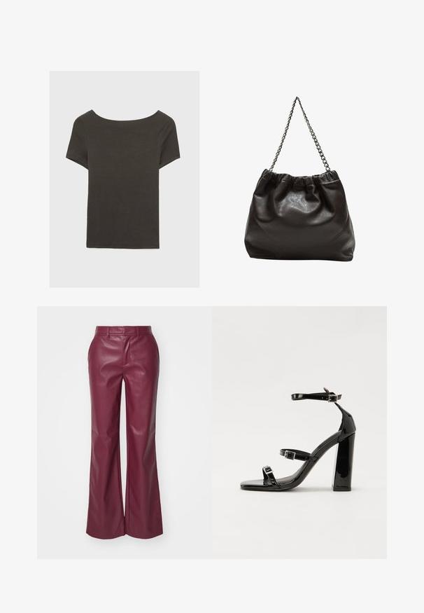 Top corto grigio scuro con scollatura a barca. Realizzato in tessuto a costine, presenta una vestibilità rilassata e un orlo pulito. Design semplice, senza motivi.; Pantaloni a palazzo in pelle bordeaux con una trama liscia, passanti per cintura e tasche frontali; vestibilità sartoriale con un design a vita alta.; Sandali con tacco in vernice nera, con punta squadrata, cinturini alla caviglia e fibbie in argento. Presentano un tacco a blocco spesso per maggiore stabilità.; Borsa in pelle marrone con parte superiore arricciata e tracolla a catena. Texture liscia con finitura lucida e dettagli di cucitura sottili sui lati.