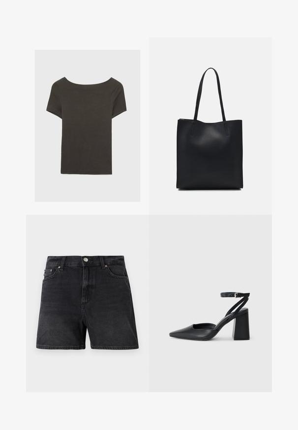 Tmavě šedý top s krátkým rukávem a lodičkovým výstřihem. Vyrobený z ribovaného materiálu, s volnějším střihem a čistým lemem. Jednoduchý design, bez vzorů.; Černé džíny šortky s klasickým střihem, vybavené knoflíkovým zapínáním, předními kapsami a hladkým, mírně texturovaným povrchem.; Černé kožené lodičky se špičatou špičkou, kotníkovým páskem a silným podpatkem. Hladká textura, elegantní design a minimalistická estetika.; Černá kožená taška přes rameno s hladkým povrchem, obdélníkovým tvarem a dvěma dlouhými uchy. Žádné viditelné kování ani ozdoby.