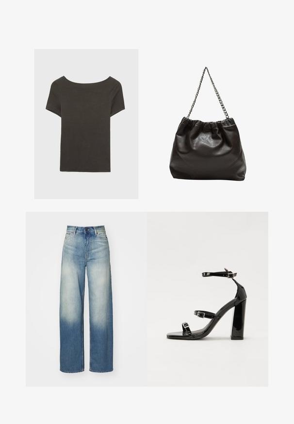 Tamno sivi kratki rukav s izrezom u obliku čamca. Izrađen od rebrastog materijala, s opuštenim krojem i ravnim rubom. Jednostavan dizajn, bez uzoraka.; Svijetloplave široke traperice s visokim strukom, napravljene od denima, s izblijedjelim gradijentom, pet džepova i metalnim aksesorima.; Crne lakirane sandale na pete sa kvadratnim nosom, trakama oko gležnja i srebrnim kopčama. Imaju čvrst blok petu za stabilnost.; Smeđa kožna torba s naboranim vrhom i lančićem za nošenje. Glatka tekstura s sjajnim završetkom i suptilnim šavnim detaljima sa strane.