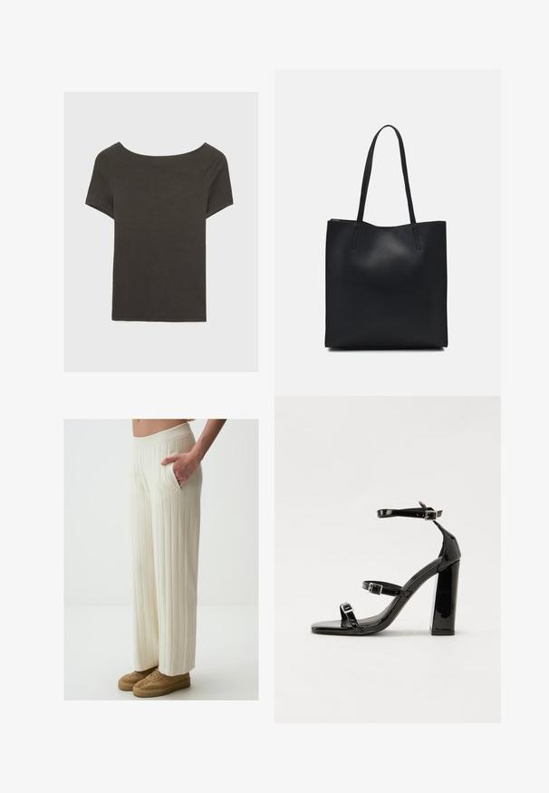 Dunkelgraues Kurzarmoberteil mit Bootsausschnitt. Hergestellt aus geripptem Stoff, mit lockerer Passform und sauberem Saum. Einfaches Design, ohne Muster.; Cremfarbene Weitbeinhosen mit vertikal gerippter Textur, ausgestattet mit Seitentaschen und einem elastischen Bund. Kombiniert mit beigen Turnschuhen.; Schwarze patentierte Sandalen mit Absatz, quadratischer Spitze, Knöchelriemen und silbernen Schnallen. Mit einem stabilen Blockabsatz für mehr Stabilität.; Schwarze Laptoptasche aus Leder mit glatter Textur, rechteckiger Form und zwei langen Griffen. Keine sichtbaren Beschläge oder Verzierungen.