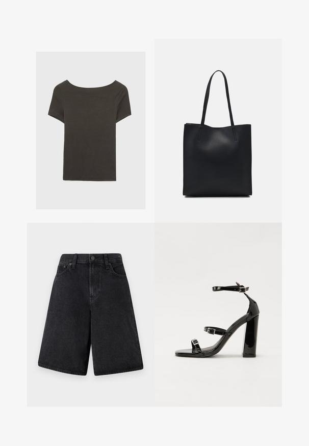 Tmavošedý top s krátkym rukávom a lodičkovým výstrihom. Vyrobený z rebrovanej látky, s voľným strihom a čistým lemovaním. Jednoduchý dizajn, bez vzorov.; Čierne denimové kraťasy s voľným strihom, vysokým pásom, päť vreckami a zapínaním na gombík vpredu.; Čierne lakované sandále na podpätku so štvorcovou špičkou, navlečenými remienkami okolo členku a striebornými prackami. Disponujú masívnym blokovým podpätkom pre stabilitu.; Čierna kožená taška na rameno s hladkým povrchom, obdĺžnikovým tvarom a dvoma dlhými uchami. Bez viditeľného kovania alebo ozdôb.