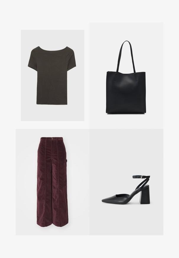 Dark grey short-sleeve top with a boat neckline. Made from ribbed fabric, featuring a relaxed fit and clean hemline. Simple design, no patterns.; Wide-leg corduroy trousers in deep burgundy, featuring a smooth texture, button closure, and side pockets. Tailored with panel detailing.; Black leather pointy-toe pump with an ankle strap and a chunky heel. Flat texture, sleek design, and minimalistic aesthetics.; Black leather tote bag with smooth texture, rectangular shape, and two long handles. No visible hardware or embellishments.