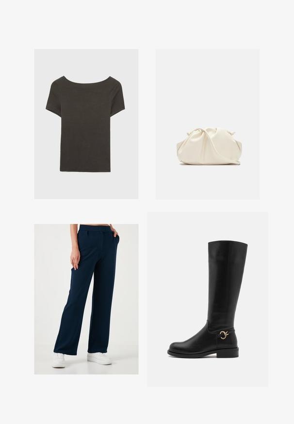 Tmavošedý top s krátkym rukávom a lodičkovým výstrihom. Vyrobený z rebrovanej látky, s voľným strihom a čistým lemovaním. Jednoduchý dizajn, bez vzorov.; Námornícke modré široké nohavice z jemnej, elastickej látky, s elastickým pásom a bočnými vreckami, doplnené bielymi teniskami.; Anna Field Wide Fit Čižmy - black; Krémová, mäkká taška z umelého kože s nariaseným dizajnom, nastaviteľným popruhom a jemným šnurovaním. Hladký povrch a zaoblený tvar.