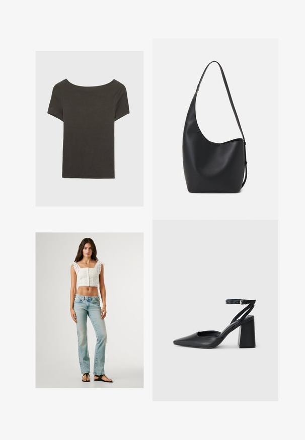 Tmavě šedý top s krátkým rukávem a lodičkovým výstřihem. Vyrobený z ribovaného materiálu, s volnějším střihem a čistým lemem. Jednoduchý design, bez vzorů.; Bílý top s vyřezávaným designem a scalloped lemem, spárovaný se světle modrými rovnými džínami a černými žabkami.; Černé kožené lodičky se špičatou špičkou, kotníkovým páskem a silným podpatkem. Hladká textura, elegantní design a minimalistická estetika.; Černá kožená hobo taška s hladkým povrchem, zakřiveným tvarem a jedním nastavitelným popruhem; má široké otevírání nahoře.