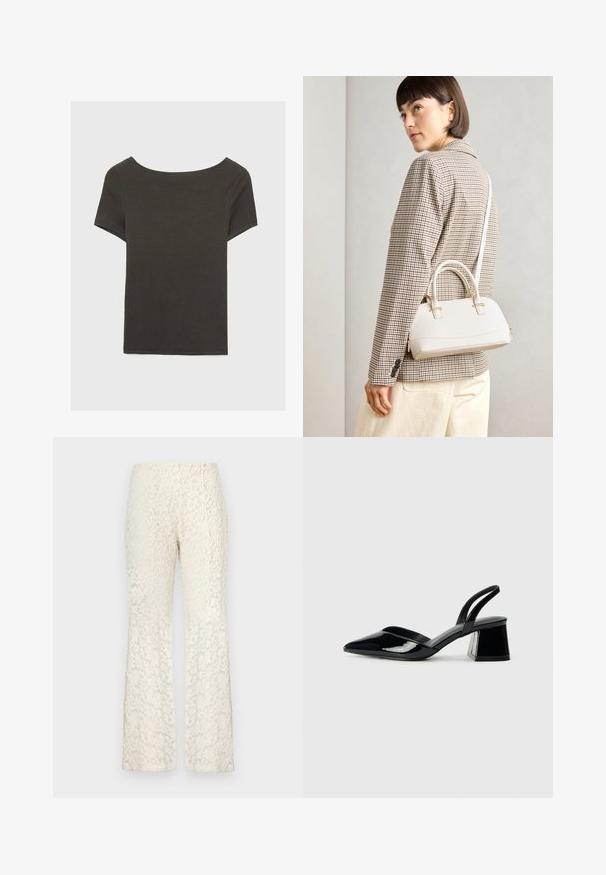 Tamno sivi kratki rukav s izrezom u obliku čamca. Izrađen od rebrastog materijala, s opuštenim krojem i ravnim rubom. Jednostavan dizajn, bez uzoraka.; Čipkane trapezice u off-white boji, s cvjetnim uzorkom tijekom cijele površine, glatke teksture i uskog struka.; Crne lakirane kožne sandale s otvorenom petom i špicastim vrhom, s geometrijskom blok petom. Imaju elegantan, minimalistički dizajn i glatku teksturu.; Bijela strukturna torba s kratkim ručkama i remenom za rame, s zlatnim metalnim detaljima i teksturiranim materijalom, prikazana na sivoj pozadini.