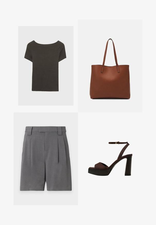Mørkegrå kortærmet top med bådudskæring. Lavet af ribbet stof, med en afslappet pasform og en ren kant. Enkelt design, ingen mønstre.; Grå skræddersyede shorts lavet af et fint tekstureret stof. Har frontfolder, bæltestropper og sidelommer for et struktureret udseende.; Brune ruskinds højhælede sandal med åben tå, justerbar ankelrem og en stribet plade sål.; Brun læder tote taske med en glat overflade, åben topdesign og to skulderremme. Har minimal syning og ingen synlig hardware.