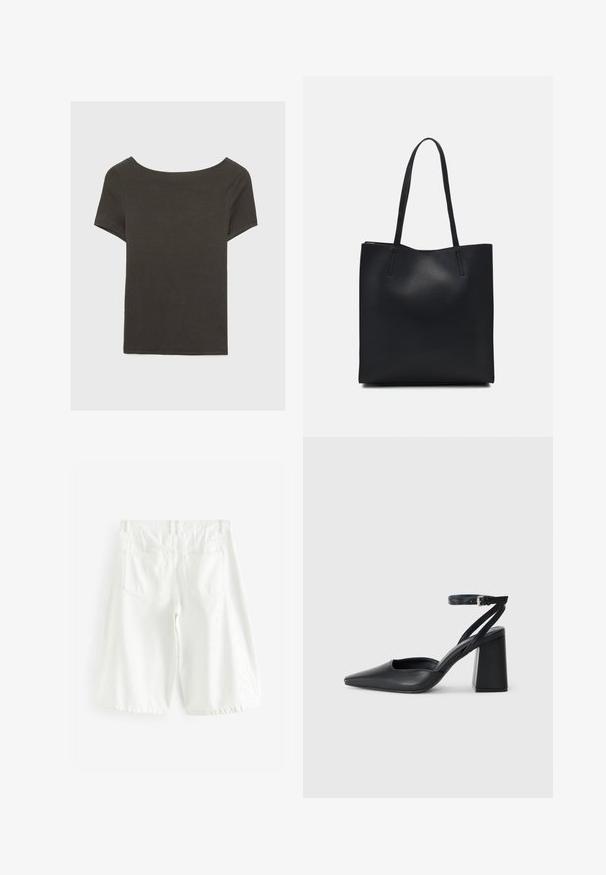 Dunkelgraues Kurzarmoberteil mit Bootsausschnitt. Hergestellt aus geripptem Stoff, mit lockerer Passform und sauberem Saum. Einfaches Design, ohne Muster.; Weiße Baumwoll-Denim-Shorts mit geradem Schnitt, ausgestattet mit zwei Gesäßtaschen, Gürtelschlaufen und einem Saum, der knapp über dem Knie endet.; Schwarze Leder-Pumps mit spitzer Zehe, einem Knöchelriemen und einem blockigen Absatz. Flache Textur, elegantes Design und minimalistische Ästhetik.; Schwarze Laptoptasche aus Leder mit glatter Textur, rechteckiger Form und zwei langen Griffen. Keine sichtbaren Beschläge oder Verzierungen.