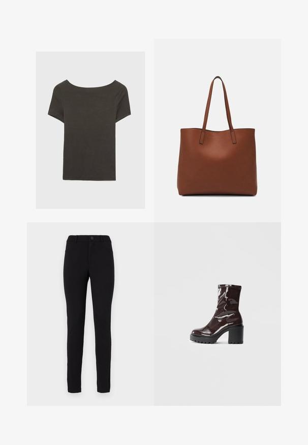 Tamno sivi kratki rukav s izrezom u obliku čamca. Izrađen od rebrastog materijala, s opuštenim krojem i ravnim rubom. Jednostavan dizajn, bez uzoraka.; Crne tajice s uskim krojem, s kopčanjem na gumb, petljama za pojas i bočnim džepovima. Glatka textura s jedinstvenom bojom.; Sjajna burgundska čizma do gležnja s debelim crnim potplatom, koja se odlikuje glatkom teksturom i jednostavnim dizajnom. Nema vidljivih kopčanja ili uzoraka.; Smeđa kožna torba preko ramena s glatkom teksturom, otvorenim vrhom i dvjema naramenicama. Ima minimalne šavove i nema vidljivog hardvera.