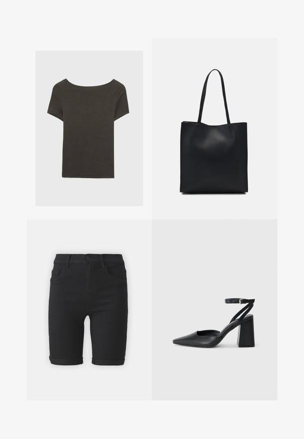 Tmavě šedý top s krátkým rukávem a lodičkovým výstřihem. Vyrobený z ribovaného materiálu, s volnějším střihem a čistým lemem. Jednoduchý design, bez vzorů.; Černé džíny šortky se rovný střih, s ohrnutými lemy, předními kapsami a zapínáním na knoflík. Hladká textura a minimalistický design.; Černé kožené lodičky se špičatou špičkou, kotníkovým páskem a silným podpatkem. Hladká textura, elegantní design a minimalistická estetika.; Černá kožená taška přes rameno s hladkým povrchem, obdélníkovým tvarem a dvěma dlouhými uchy. Žádné viditelné kování ani ozdoby.
