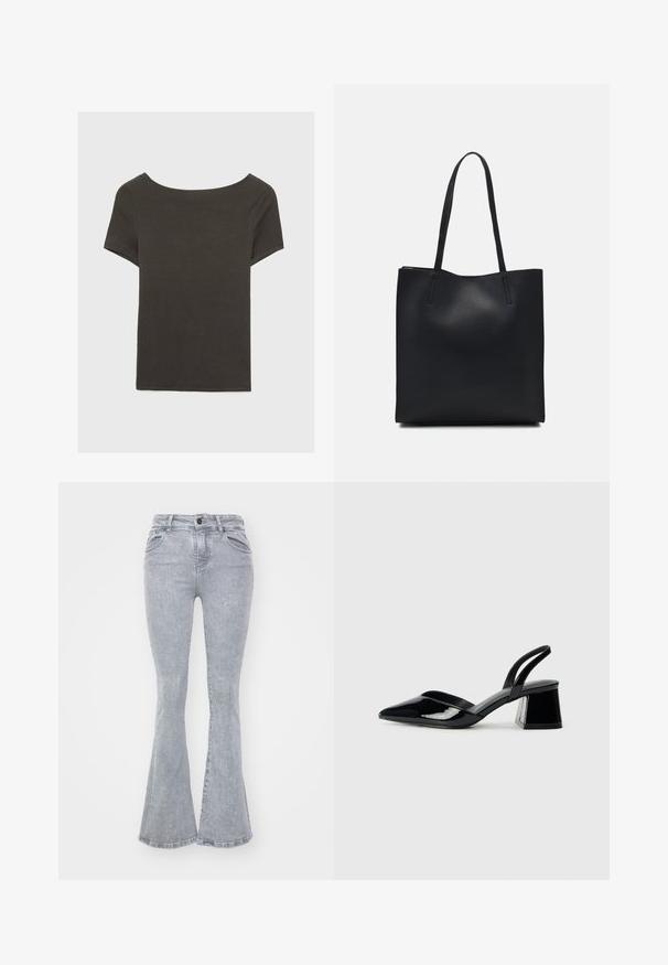Tmavošedý top s krátkym rukávom a lodičkovým výstrihom. Vyrobený z rebrovanej látky, s voľným strihom a čistým lemovaním. Jednoduchý dizajn, bez vzorov.; Sivé zvonové džínsy vyrobené z denimu s hladkou textúrou, s vysokým pásom, piatimi vreckami a zapínaním na gombík.; Čierne lakované kožené sandálové podpätky s špicatou špičkou a geometrickým blokovým podpätkom. Disponujú elegantným, minimalistickým dizajnom a hladkým povrchom.; Čierna kožená taška na rameno s hladkým povrchom, obdĺžnikovým tvarom a dvoma dlhými uchami. Bez viditeľného kovania alebo ozdôb.