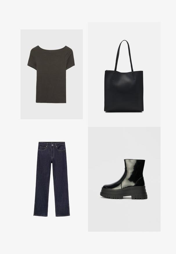 Dunkelgraues Kurzarmoberteil mit Bootsausschnitt. Hergestellt aus geripptem Stoff, mit lockerer Passform und sauberem Saum. Einfaches Design, ohne Muster.; Dunkelblaue Denim-Jeans mit geradem Bein, fünf Taschen und kontrastierenden Nähten. Der Saum hat seitliche Einschnitte für zusätzlichen Stil.; Schwarze, glänzende Knöchelstiefel mit dickem Profilsohle und abgerundeter Zehenform, Seitenansicht vor einem schlichten, hellgrauen Hintergrund.; Schwarze Laptoptasche aus Leder mit glatter Textur, rechteckiger Form und zwei langen Griffen. Keine sichtbaren Beschläge oder Verzierungen.