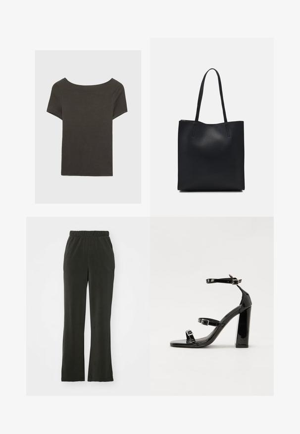 Dunkelgraues Kurzarmoberteil mit Bootsausschnitt. Hergestellt aus geripptem Stoff, mit lockerer Passform und sauberem Saum. Einfaches Design, ohne Muster.; Schwarze, weiche Stoffhosen mit einem elastischen Bund, die eine lockere Passform und gerade Beine aufweisen. Keine sichtbaren Muster oder Akzente.; Schwarze patentierte Sandalen mit Absatz, quadratischer Spitze, Knöchelriemen und silbernen Schnallen. Mit einem stabilen Blockabsatz für mehr Stabilität.; Schwarze Laptoptasche aus Leder mit glatter Textur, rechteckiger Form und zwei langen Griffen. Keine sichtbaren Beschläge oder Verzierungen.