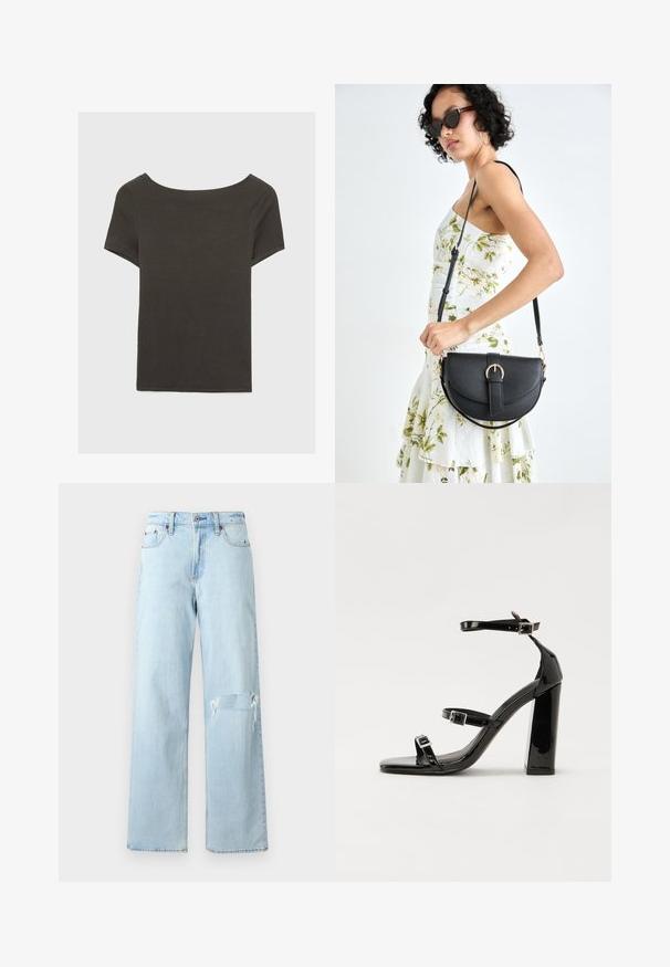 Dunkelgraues Kurzarmoberteil mit Bootsausschnitt. Hergestellt aus geripptem Stoff, mit lockerer Passform und sauberem Saum. Einfaches Design, ohne Muster.; Helle blaue Denim-Jeans im weiten Schnitt, mit einem distressed Knie und klassischem Fünf-Taschen-Design. Glatte Textur, lässiger Stil.; Schwarze patentierte Sandalen mit Absatz, quadratischer Spitze, Knöchelriemen und silbernen Schnallen. Mit einem stabilen Blockabsatz für mehr Stabilität.; Schwarze Lederhandtasche mit geschwungener Form, abnehmbarem Tragegurt und goldenen Beschlägen. Die Tasche verfügt über einen Deckel mit einer Schnallen-Details.