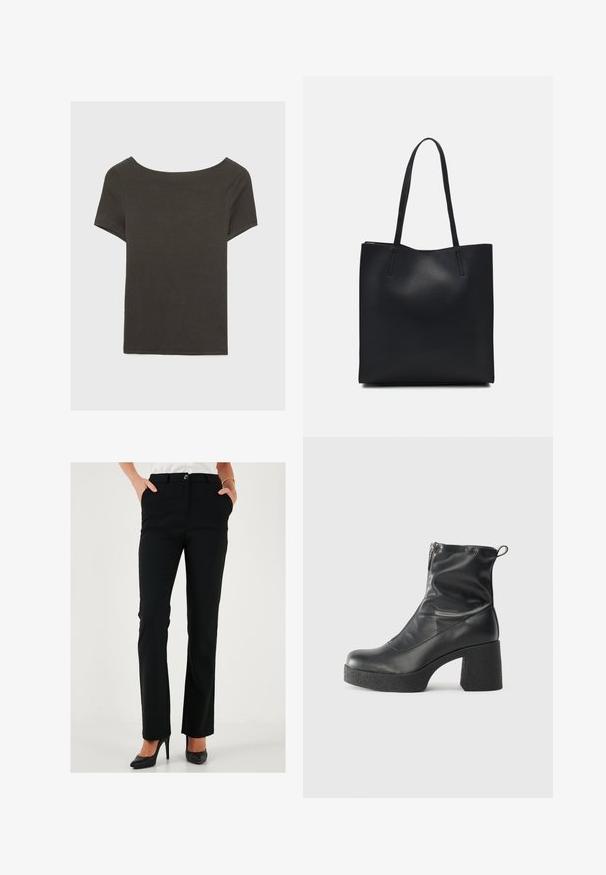 Dunkelgraues Kurzarmoberteil mit Bootsausschnitt. Hergestellt aus geripptem Stoff, mit lockerer Passform und sauberem Saum. Einfaches Design, ohne Muster.; Schwarze maßgeschneiderte Hose mit geradem Bein, ausgestattet mit einem Knopfverschluss und seitlichen Taschen, aus einem glatten Stoff hergestellt.; Schwarze Stiefeletten aus glattem Leder mit seitlichem Reißverschluss, klobigem strukturiertem Absatz und runder Zehenform.; Schwarze Laptoptasche aus Leder mit glatter Textur, rechteckiger Form und zwei langen Griffen. Keine sichtbaren Beschläge oder Verzierungen.