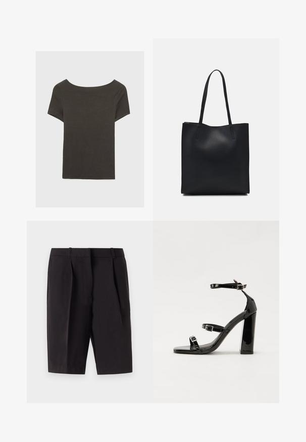 Tmavošedý top s krátkym rukávom a lodičkovým výstrihom. Vyrobený z rebrovanej látky, s voľným strihom a čistým lemovaním. Jednoduchý dizajn, bez vzorov.; Aware PASSI KNEE - Šortky - black; Čierne lakované sandále na podpätku so štvorcovou špičkou, navlečenými remienkami okolo členku a striebornými prackami. Disponujú masívnym blokovým podpätkom pre stabilitu.; Čierna kožená taška na rameno s hladkým povrchom, obdĺžnikovým tvarom a dvoma dlhými uchami. Bez viditeľného kovania alebo ozdôb.