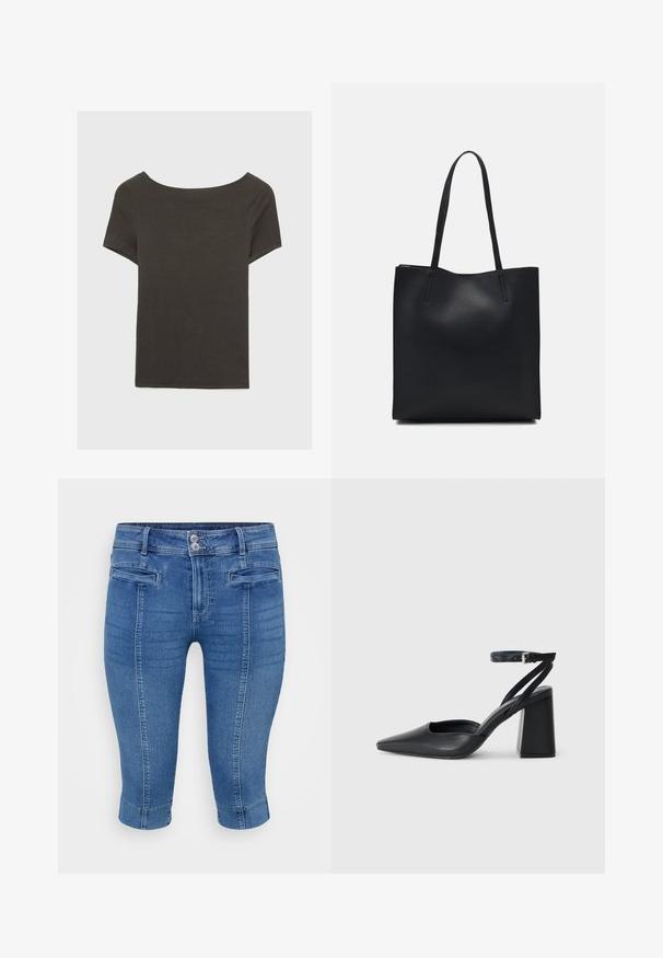 Temno siva kratka majica s čolnasto izrezom. Narejena iz rebraste tkanine, ki ima sproščen kroj in čist rob. Preprost dizajn, brez vzorcev.; Modre denim capri hlače s prilegajočim krojem, dvema sprednjima žepoma in manšetnim robom. Tkanina ima gladko teksturo z rahlim zbledeljem.; Črne usnjene klasične čevlje z ostrim nosom, z zaponko za gleženj in debelim peto. Ravna tekstura, eleganten dizajn in minimalistična estetika.; Črna usnjena torba s svilnato teksturo, pravokotne oblike in dvema dolgima ročajema. Brez vidnih metalnih delov ali okrasnih elementov.