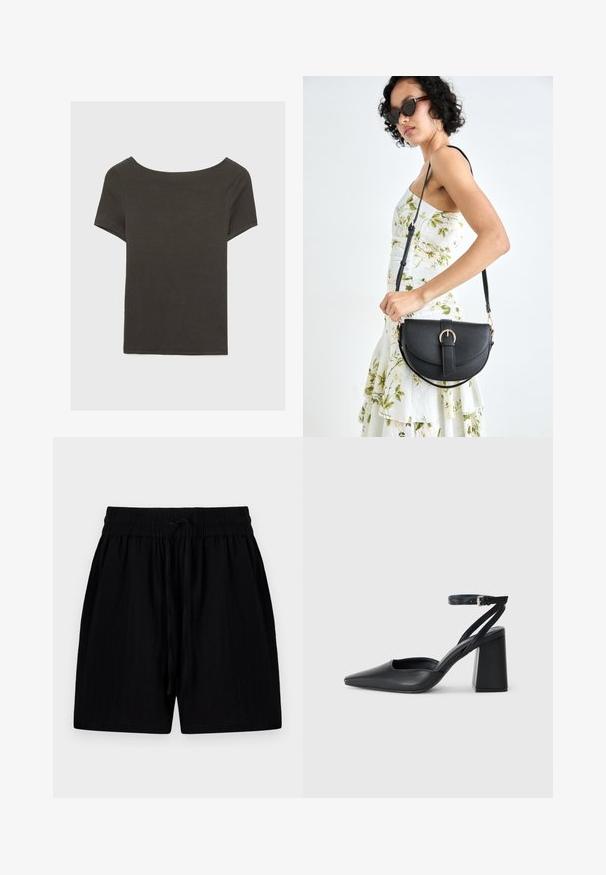 Dunkelgraues Kurzarmoberteil mit Bootsausschnitt. Hergestellt aus geripptem Stoff, mit lockerer Passform und sauberem Saum. Einfaches Design, ohne Muster.; Schwarze Shorts aus leichtem Material mit einem verstellbaren Bund, ausgestattet mit Seitentaschen und einer strukturierten Oberfläche.; Schwarze Leder-Pumps mit spitzer Zehe, einem Knöchelriemen und einem blockigen Absatz. Flache Textur, elegantes Design und minimalistische Ästhetik.; Schwarze Lederhandtasche mit geschwungener Form, abnehmbarem Tragegurt und goldenen Beschlägen. Die Tasche verfügt über einen Deckel mit einer Schnallen-Details.