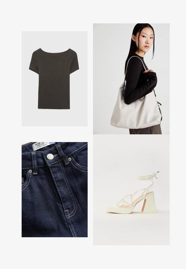 Top corto grigio scuro con scollatura a barca. Realizzato in tessuto a costine, presenta una vestibilità rilassata e un orlo pulito. Design semplice, senza motivi.; Next WIDE - Wide Leg - rinse; Sandalo bianco con tacco alto, caratterizzato da un design a cinturini e un legaccio alla caviglia. Texture liscia con una piattaforma frontale per un'altezza aggiuntiva.; Borsa a mano beige realizzata in materiale morbido, caratterizzata da un design morbido, dettagli cuciti e due manici. Adatta per l'uso quotidiano.