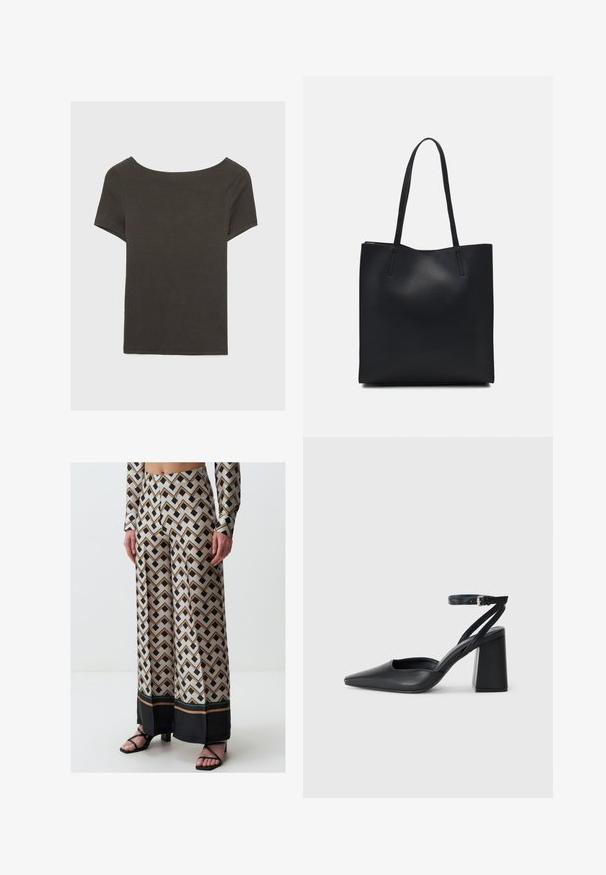 Top corto grigio scuro con scollatura a barca. Realizzato in tessuto a costine, presenta una vestibilità rilassata e un orlo pulito. Design semplice, senza motivi.; Pantaloni beige a gamba larga con un motivo a zigzag in nero e marrone, con un accento in nero all'orlo. Realizzati in tessuto liscio e leggero.; Pump in pelle nera con punta affusolata, cinturino alla caviglia e tacco spesso. Texture piatta, design elegante ed estetica minimalista.; Borsa tote in pelle nera con texture liscia, forma rettangolare e due manici lunghi. Nessun hardware o decorazione visibile.