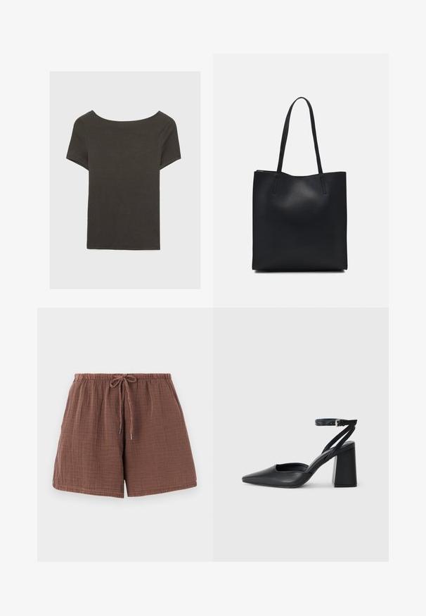 Donkergrijze top met korte mouwen en een bootnek. Gemaakt van ribbelstof, met een relaxte pasvorm en een nette zoom. Eenvoudig ontwerp, geen patronen.; Bruine katoenen shorts met een gestructureerde, gekreukte afwerking, een elastische tailleband en een trekkoord. Midden-dij lengte met een ontspannen pasvorm.; Zwarte leren puntige pump met een enkelbandje en een chunky hak. Vlakke textuur, strakke vormgeving en minimalistische esthetiek.; Zwarte leren handtas met een gladde textuur, rechthoekige vorm en twee lange handvaten. Geen zichtbare hardware of versieringen.