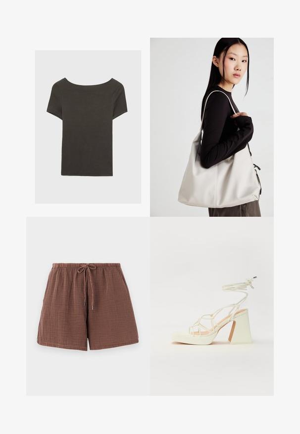 Dark grey short-sleeve top with a boat neckline. Made from ribbed fabric, featuring a relaxed fit and clean hemline. Simple design, no patterns.; Brown cotton shorts with a textured, crinkled finish, an elastic waistband, and a drawstring. Mid-thigh length with a relaxed fit.; White high-heeled sandal with a chunky heel, featuring a strappy design and ankle tie. Smooth texture with a platform front for added height.; Beige handbag made of soft material, featuring a slouchy design, stitched detailing, and two shoulder straps. Suitable for everyday use.