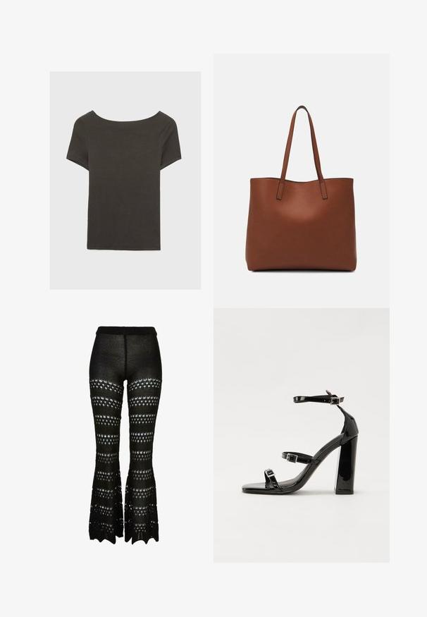 Tmavě šedý top s krátkým rukávem a lodičkovým výstřihem. Vyrobený z ribovaného materiálu, s volnějším střihem a čistým lemem. Jednoduchý design, bez vzorů.; Černé pletené zvonové kalhoty s otevřeným vzorem, který obsahuje měnící se pruhy velkých a malých výřezů, elastickým pasem a strukturovanou tkaninou.; Černé lakované sandály na podpatku se čtveratou špičkou, lýtkovými pásky a stříbrnými přezkami. Disponují masivním blokovým podpatkem pro stabilitu.; Hnědá kožená taška přes rameno s hladkou texturou, otevřeným designem a dvěma ramenními popruhy. Obsahuje minimální švy a žádné viditelné kovové prvky.