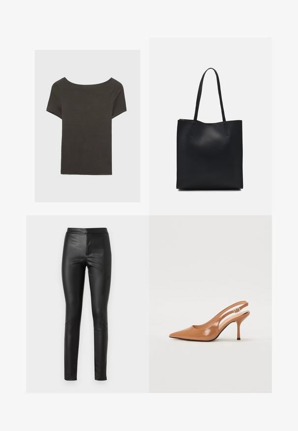 Tmavě šedý top s krátkým rukávem a lodičkovým výstřihem. Vyrobený z ribovaného materiálu, s volnějším střihem a čistým lemem. Jednoduchý design, bez vzorů.; Černé kožené legíny s hladkou texturou, úzkým střihem a vysokým páskem. Obsahují přední šev pro ještě elegantnější vzhled.; Sandy poprsko s úzkým podpatkem v hladkém, lesklém odstínu tan. Obsahuje zakřivený design s výřezem a štíhlý jehlový podpatek. Detail se stříbrnou sponou.; Černá kožená taška přes rameno s hladkým povrchem, obdélníkovým tvarem a dvěma dlouhými uchy. Žádné viditelné kování ani ozdoby.