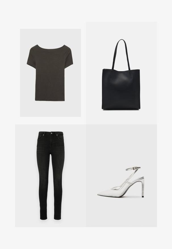 Temno siva kratka majica s čolnasto izrezom. Narejena iz rebraste tkanine, ki ima sproščen kroj in čist rob. Preprost dizajn, brez vzorcev.; Črne ožje jeans hlače iz denima. Klasična zasnova s petimi žepi z zadrgo in gumbom. Gladka tekstura in prilegajoč kroj.; Prozoren špikasti petni čevelj s koničastim nosom, iz prozornega materiala, s kovinskimi srebrnimi dodatki in nastavljivim trakom za gleženj.; Črna usnjena torba s svilnato teksturo, pravokotne oblike in dvema dolgima ročajema. Brez vidnih metalnih delov ali okrasnih elementov.