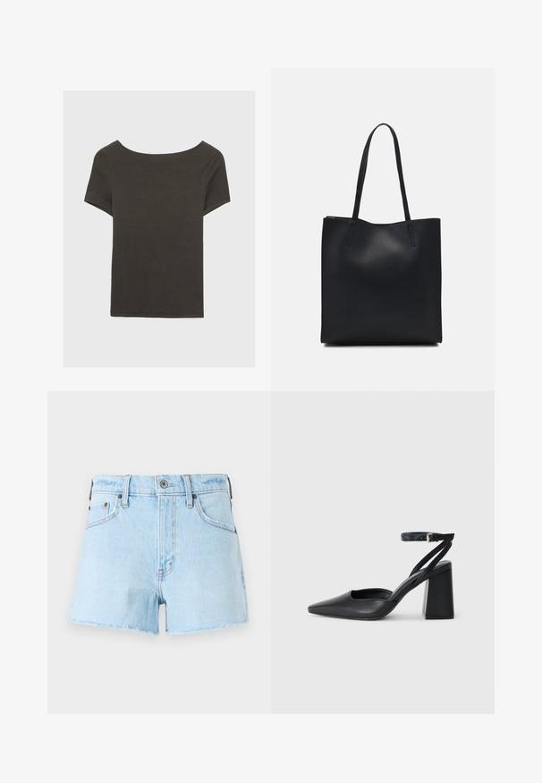 Mörkgrå kortärmad topp med båthals. Tillverkad av ribbad tyg, med avslappnad passform och ren fåll. Enkelt design, inga mönster.; Ljusblå denimshorts med fransad nederkant, som har fem fickor, knappstängning och sömnadsdetaljer längs sömmarna.; Svart läderpumps med spetsig tå, ankelrem och kraftig klack. Slät textur, stilren design och minimalistisk estetik.; Svart lädertoffelväska med slät textur, rektangulär form och två långa handtag. Ingen synlig hårdvara eller dekorationer.