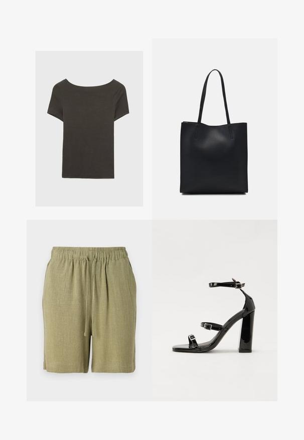 Donkergrijze top met korte mouwen en een bootnek. Gemaakt van ribbelstof, met een relaxte pasvorm en een nette zoom. Eenvoudig ontwerp, geen patronen.; Olijfgroene shorts van een gestructureerde, ademende stof. Voorzien van een elastische tailleband en koord voor een verstelbare pasvorm.; Zwarte gepatenteerde sandalen met hak en een vierkante neus, enkelbandjes en zilveren gespen. Heeft een stevige blokhak voor stabiliteit.; Zwarte leren handtas met een gladde textuur, rechthoekige vorm en twee lange handvaten. Geen zichtbare hardware of versieringen.