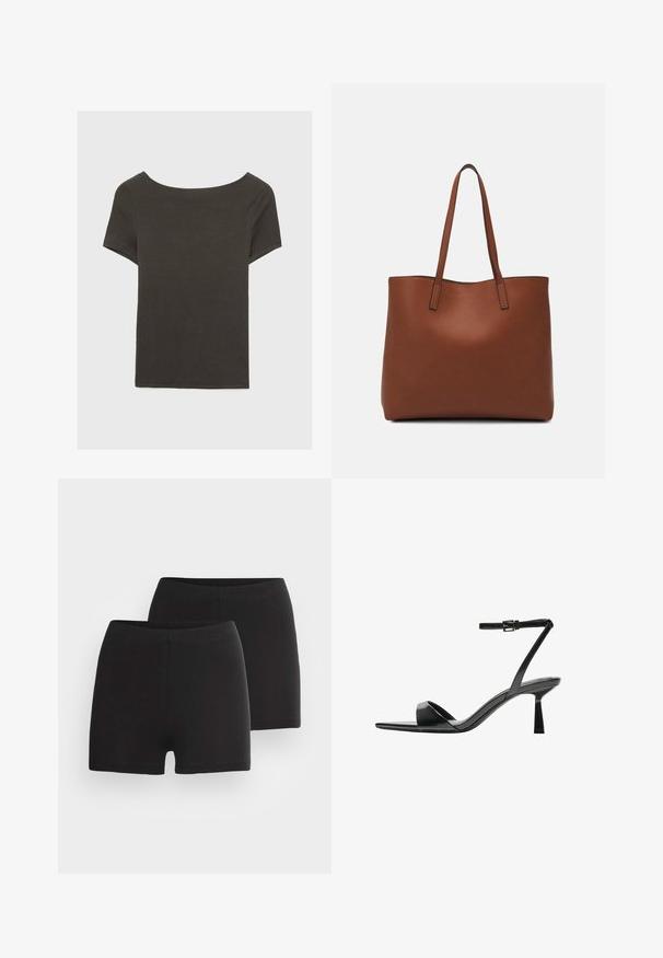 Top corto grigio scuro con scollatura a barca. Realizzato in tessuto a costine, presenta una vestibilità rilassata e un orlo pulito. Design semplice, senza motivi.; Pantaloni corti neri in cotone con una trama liscia, dotati di una comoda fascia elastica larga e un design aderente. Sono mostrati due paia.; Bershka Sandali con tacco - black; Borsa tote in pelle marrone con texture liscia, design con apertura superiore e due spallacci. Presenta cuciture minime e nessun hardware visibile.
