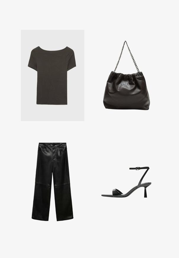 Donkergrijze top met korte mouwen en een bootnek. Gemaakt van ribbelstof, met een relaxte pasvorm en een nette zoom. Eenvoudig ontwerp, geen patronen.; Zwarte faux leren wijde-pijpen broeken met een knoopsluiting aan de voorkant, twee zijzakken en contrasterende textuurpanelen op de onderbenen.; Bershka Sandalen met hoge hak - black; Bruine leren tas met een geplooide bovenkant en een kettinghengsel. Glad textuur met een glanzende afwerking en subtiele naaddetails aan de zijkanten.