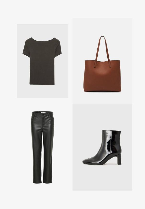 Dunkelgraues Kurzarmoberteil mit Bootsausschnitt. Hergestellt aus geripptem Stoff, mit lockerer Passform und sauberem Saum. Einfaches Design, ohne Muster.; Schwarze Lederhosen mit geradem Bein, ausgestattet mit frontalen Taschen und einem Knopfverschluss. Glatte Textur mit einem eleganten Erscheinungsbild.; Schwarzer Lackleder-Stiefelette mit spitzer Zehe und einem mittelhohen Blockabsatz. Glatte Textur und minimalistisches Design.; Braune Leder-Tote mit glatter Textur, offenem Oberteil und zwei Schulterriemen. Verfügt über minimale Nähte und keine sichtbaren Beschläge.