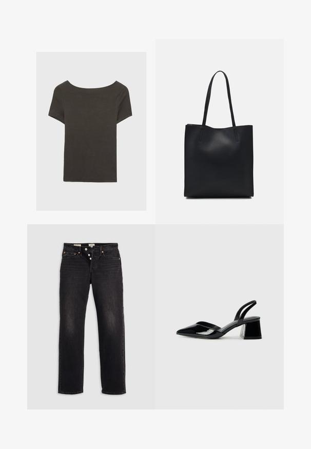 Tmavošedý top s krátkym rukávom a lodičkovým výstrihom. Vyrobený z rebrovanej látky, s voľným strihom a čistým lemovaním. Jednoduchý dizajn, bez vzorov.; Čierne denimové džínsy s rovnými nohavicami, obsahujúce päť vreciek, medené nitky a zapínanie na gombík. Mäkka textúra s jemným efektom vyblednutia.; Čierne lakované kožené sandálové podpätky s špicatou špičkou a geometrickým blokovým podpätkom. Disponujú elegantným, minimalistickým dizajnom a hladkým povrchom.; Čierna kožená taška na rameno s hladkým povrchom, obdĺžnikovým tvarom a dvoma dlhými uchami. Bez viditeľného kovania alebo ozdôb.
