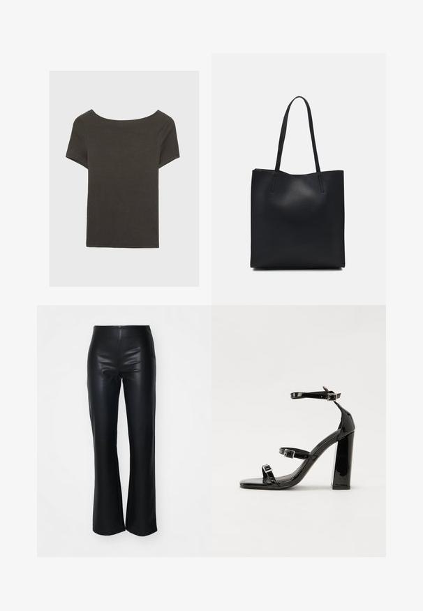 Temno siva kratka majica s čolnasto izrezom. Narejena iz rebraste tkanine, ki ima sproščen kroj in čist rob. Preprost dizajn, brez vzorcev.; Črne hlače s širokimi nogami iz umetnega usnja z gladko teksturo, ki imajo oprijet pas in rahlo razširjene noge, zasnovane za eleganten silhuet.; Črne lakirane sandale s peto, kvadratnim prstom, trakovi okrog gležnja in srebrnimi zaponkami. Opremljene so s stabilno Debelo peto.; Črna usnjena torba s svilnato teksturo, pravokotne oblike in dvema dolgima ročajema. Brez vidnih metalnih delov ali okrasnih elementov.