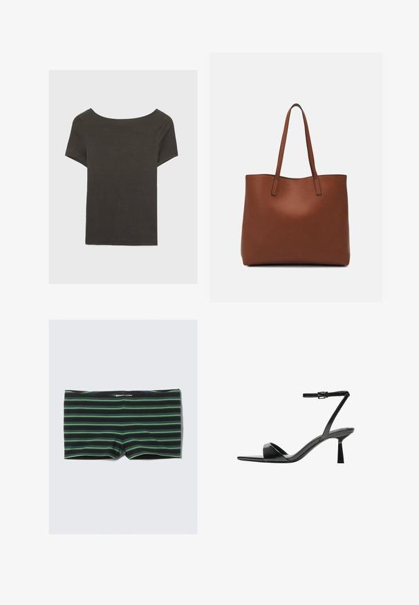 Temno siva kratka majica s čolnasto izrezom. Narejena iz rebraste tkanine, ki ima sproščen kroj in čist rob. Preprost dizajn, brez vzorcev.; Črne kopalne kratke hlače z vodoravnimi zelenimi črtami. Imajo prilegajočo se zasnovo in elastični pas. Narejene so iz raztegljivega in gladkega materiala.; Bershka Sandali z visoko peto - black; Rjava usnjena torba z gladko teksturo, odprto zasnovo zgoraj in dvema naramnima trakovoma. Opremljena je z minimalnim šivanjem in brez vidnih kovinskih delov.