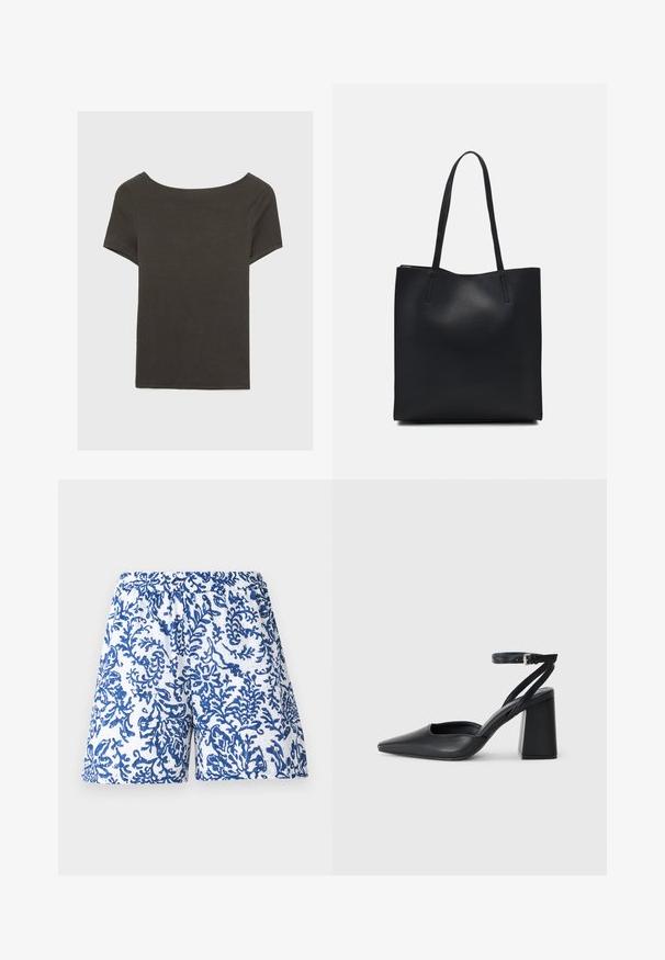 Tmavě šedý top s krátkým rukávem a lodičkovým výstřihem. Vyrobený z ribovaného materiálu, s volnějším střihem a čistým lemem. Jednoduchý design, bez vzorů.; Tištěné šortky z bílé látky s modrým korálovým vzorem. Elastický pas, volný střih a hladká textura.; Černé kožené lodičky se špičatou špičkou, kotníkovým páskem a silným podpatkem. Hladká textura, elegantní design a minimalistická estetika.; Černá kožená taška přes rameno s hladkým povrchem, obdélníkovým tvarem a dvěma dlouhými uchy. Žádné viditelné kování ani ozdoby.